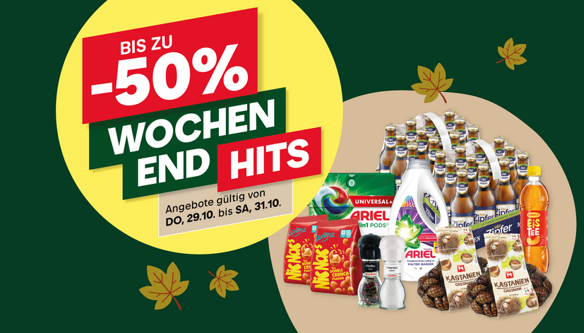 Angebotsposter mit dem Text „Bis zu -50% Wochenend Hits“. Darunter verschiedene Produkte wie Getränke, Waschmittel, Snacks und Kastanien. Gültig von 29.10. bis 31.10.