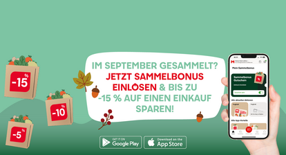 Grafik mit einem grünen Hintergrund, auf dem Rabattaktionen von -5%, -10% und -15% auf Einkaufstüten abgebildet sind. Ein Smartphone zeigt die App mit dem Sammelbonus. Text informiert über Einlösungsmöglichkeiten.