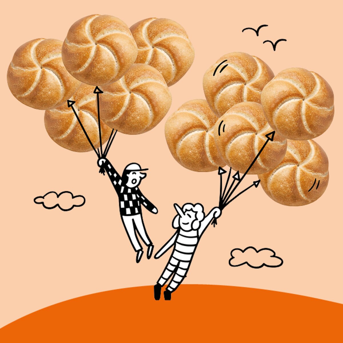 Zwei cartoonartige Figuren halten an Schnüren, die mit Brötchen verbunden sind, und scheinen zu fliegen. Im Hintergrund sind Wolken und ein orangefarbener Hügel zu sehen.