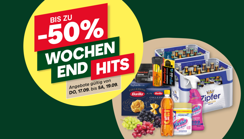 Angebotsgrafik mit dem Text „Bis zu -50% Wochenend Hits“. Darunter Produkte wie Zipfer Bier, Powerbar, Vanish, Eistee, Trauben und Barilla Pasta. Gültig von 17.09. bis 19.09.
