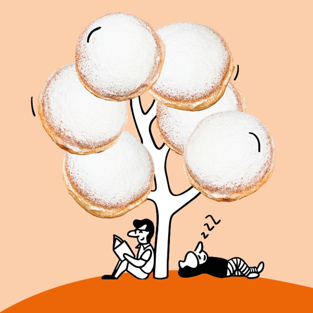 Ein stilisierter Baum mit sechs Puddingteilchen als Blätter. Darunter sitzt eine Person mit einem Buch, während eine andere Person schläft. Der Hintergrund ist orange.