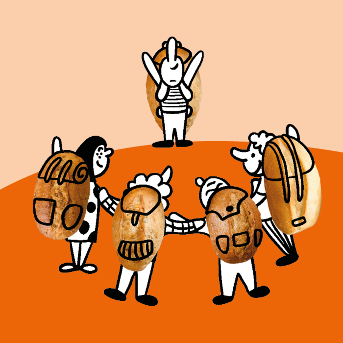 Fünf cartoonartige Figuren mit Rucksäcken aus Brot stehen im Kreis. Eine Figur in der Mitte hebt die Arme. Der Hintergrund ist orange.