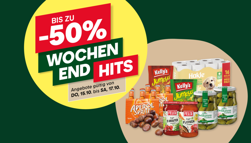 Angebot mit bis zu -50% auf verschiedene Produkte, darunter Kelly's Jumpys, Aperol Spritz, Hakle Toilettenpapier und Felix Delikatessgurken. Gültig vom 15. bis 17. Oktober.