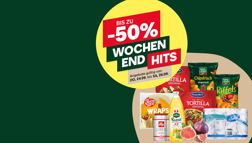 Rabattaktion bis zu -50% auf verschiedene Produkte, darunter Tortilla, Chips, Wraps, Getränke und mehr. Angebotszeitraum: 24.09. bis 26.09.