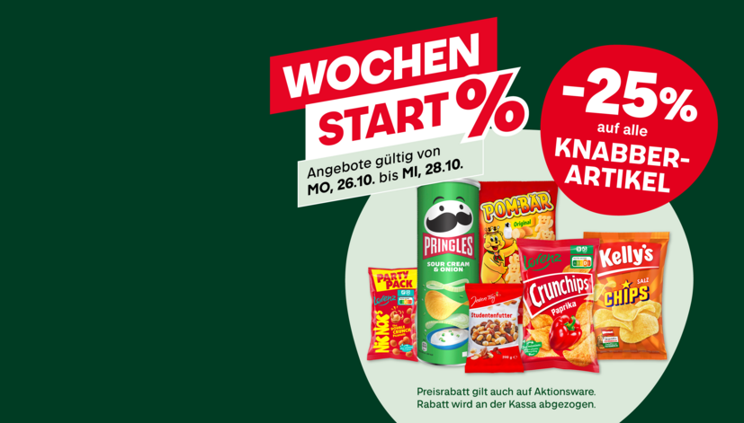Wochenstart-Angebot mit -25% auf Knabberartikel. Abgebildet sind verschiedene Snackprodukte wie Pringles, Pombär, Crunchips und Kelly's. Gültig vom 26.10. bis 28.10.