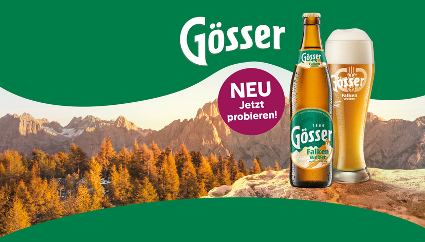 Gösser-Logo, eine Flasche und ein Glas Gösser Falken Weizenbier vor einer Berglandschaft. Text: "NEU Jetzt probieren!" in einem lila Kreis.