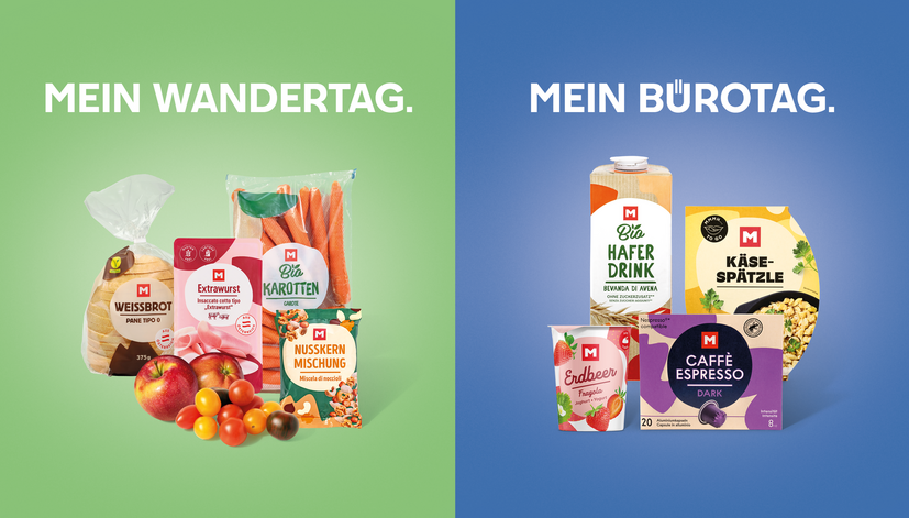 Wander- und Bürotagsnahrung: Links ein Brot, Wurst, Karotten, Nüsse und Äpfel auf grünem Hintergrund. Rechts Haferdrink, Käse-Spätzle, Espresso und Joghurt auf blauem Hintergrund.