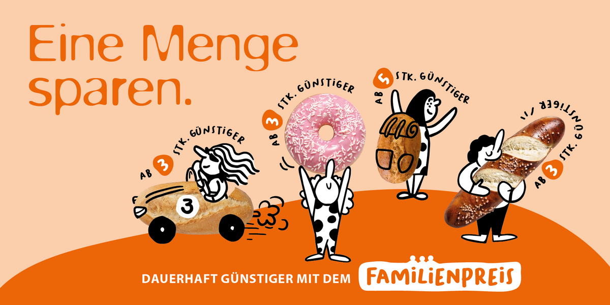 Bunte Illustration mit vier Figuren, die verschiedene Backwaren halten. Text: "Eine Menge sparen. Dauerhaft günstiger mit dem Familienpreis." Sichtbare Preise und Mengenangaben.