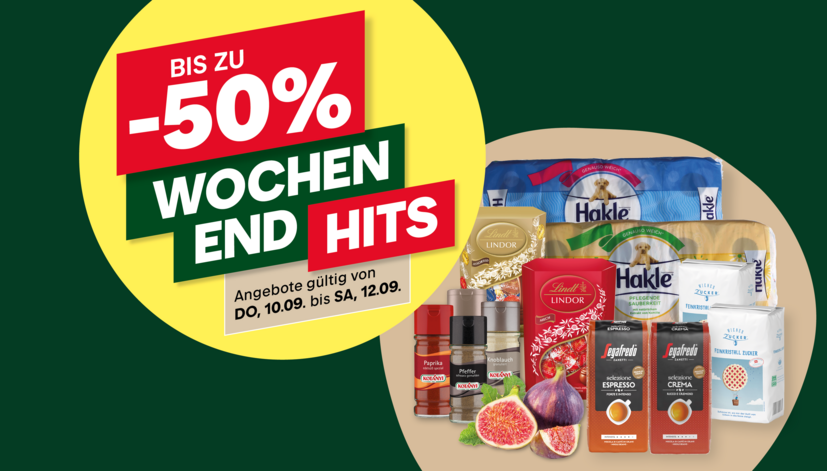 Rabattaktion mit bis zu -50% auf verschiedene Produkte. Abgebildet sind Lebensmittel wie Schokolade, Gewürze, Zucker und Feigen. Angebote gültig vom 10.09. bis 12.09.