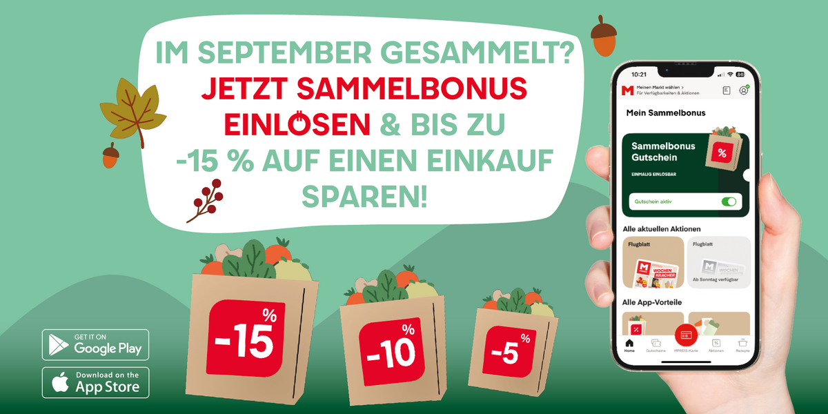 Ein Smartphone zeigt eine App mit einem Sammelbonus-Gutschein. Im Hintergrund sind Einkaufstaschen mit Rabatten von -15%, -10% und -5% abgebildet. Der Text informiert über die Einlösung des Bonus im September.