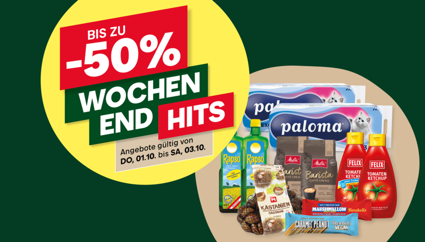 Angebot mit bis zu -50% auf verschiedene Produkte, darunter Paloma Katzenfutter, Rapso Öl, Barista Kaffee, Felix Ketchup und Snacks. Gültig vom 01.10. bis 03.10.