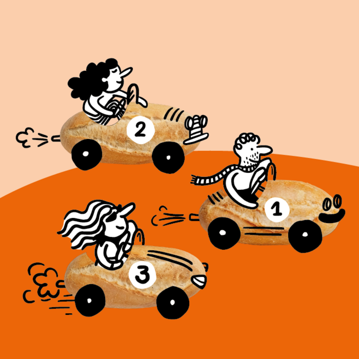 Drei cartoonartige Figuren fahren in Brötchen-Autos mit Nummern 1, 2 und 3. Die Autos sind auf einer orangefarbenen Fläche dargestellt, während die Figuren fröhlich fahren.