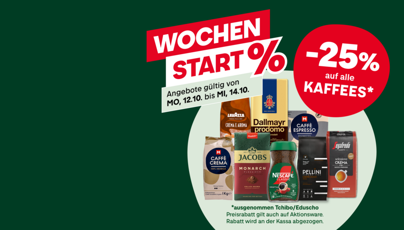 Wochenstart-Angebot mit -25% auf alle Kaffees. Sichtbare Marken sind Lavazza, Dallmayr, Jacobs, Nescafé, Pellini und Segafredo. Gültig vom 12. bis 14. Oktober.