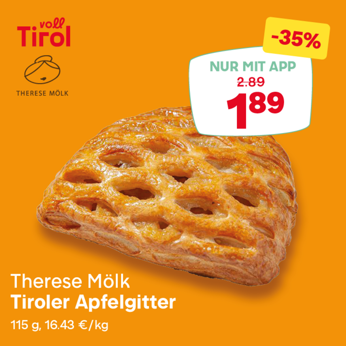 Ein Apfelgebäck von Therese Mölk auf orangefarbenem Hintergrund. Das Produkt hat ein Gittermuster und ist mit einem Preis von 1,89 € gekennzeichnet, inklusive Rabatt von 35%.