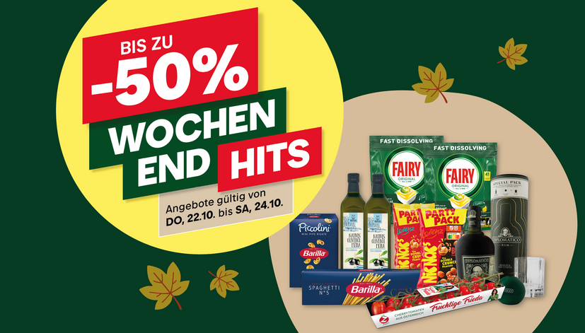 Angebot mit bis zu -50% auf verschiedene Produkte, darunter Lebensmittel und Haushaltsartikel. Gültig vom 22. bis 24. Oktober. Grafische Elemente mit herbstlichen Blättern im Hintergrund.